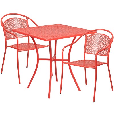 Emma and Oliver Commercial Grade 28" Square Coral Patio Table Set-2 Round Back Chairs