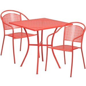 Emma and Oliver Commercial Grade 28" Square Coral Patio Table Set-2 Round Back Chairs - 1 of 4