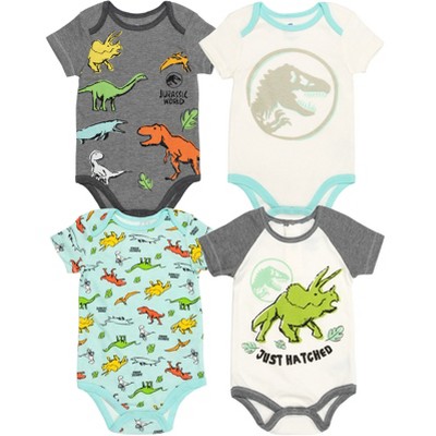 Image of Jurassic World Newborn Baby Boys 4 Pack Short Sleeve Bodysuits Gray/Blue/White 6-9 Months