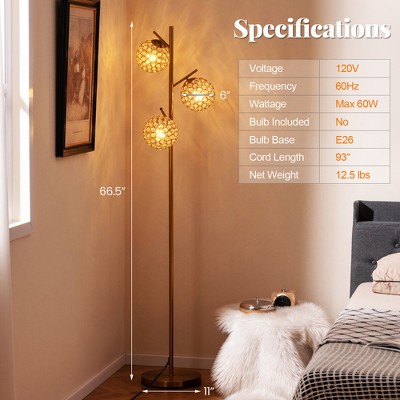 Golden 3-Globe Floor Lamp with Acrylic Shades and Metal Pole