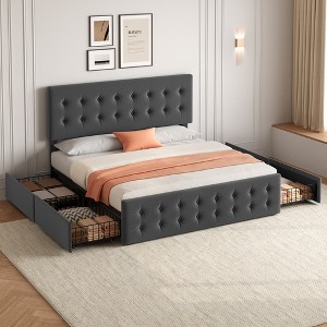 Bed Frame with 4 Storage Drawers, Linen Upholstered Platform Bed Frame with Wooden Slats Support, Button Tufted Design - 1 of 4