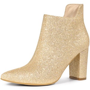 Allegra K Women's Pointed Toe Cutout Block Heels Glitter Ankle Booties - 1 of 4