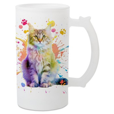 100 North Freezable Beer Stein Mug With Thumb Grip Handle, 16 Ounce Frosted Glass, Maine Coon Cat Paint Splatter
