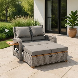 Royal Hampton Outdoor Reclining Chaise Lounge Set w Storage Bench, Pillows, Gray - 1 of 4