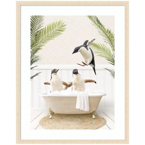 Kate and Laurel Penguins in Palms Bath by Amy Peterson Framed Wall Art Print, 27 x 34, Woodgrain Stripe Blonde - 1 of 4