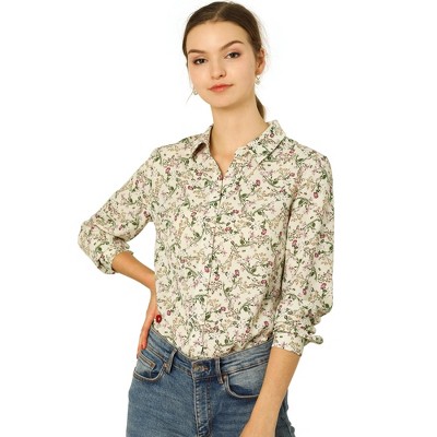 Allegra K Women's Daily Point Collar Long Button Sleeve Button Down ...