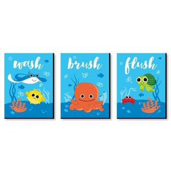 Big Dot of Happiness Under the Sea Critters - Kids Bathroom Rules Wall Art - 7.5 x 10 inches - Set of 3 Signs - Wash, Brush, Flush