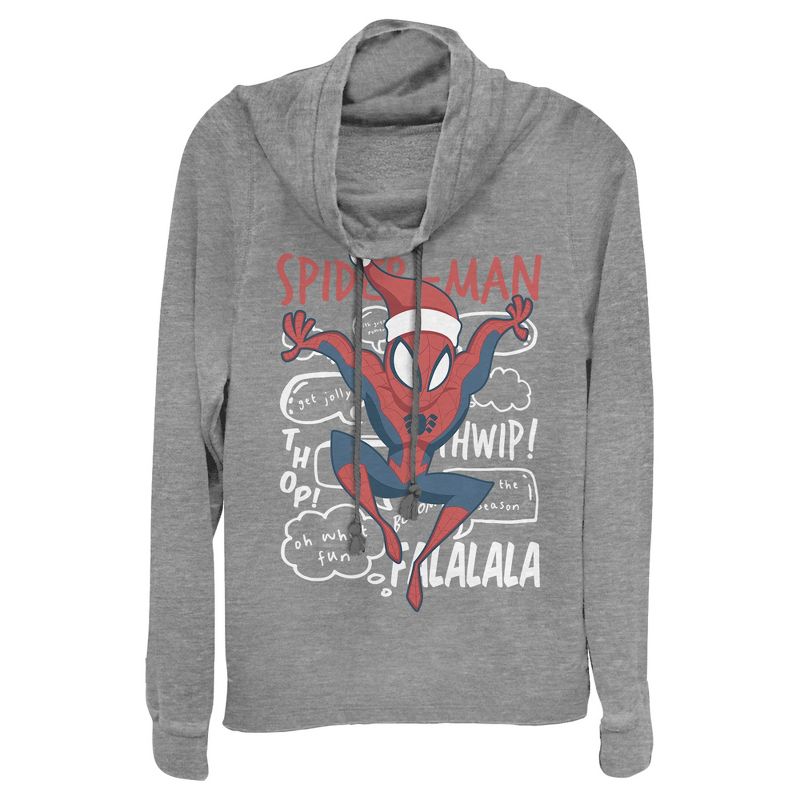 Juniors Womens Marvel Christmas Spider-Man Jolly Text Cowl Neck Sweatshirt, 1 of 4