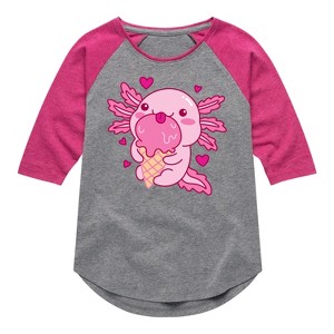 Girls' - Instant Message - Axolotl Loves Ice Cream Shirt Tail Raglan Graphic T-shirt - 1 of 4