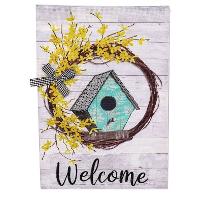 Forsythia and Birdhouse Wreath Garden Burlap Flag