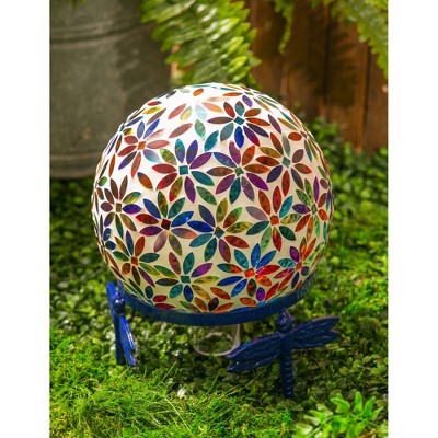 Multicolored Floral Mosaic Glass Outdoor Gazing Ball, 10 Inches