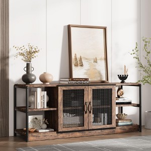 Farmhouse TV Stand for 65/75 Inch TVs, Rustic Wood Entertainment Center with Storage Cabinet and 2 Mesh Doors - 1 of 4
