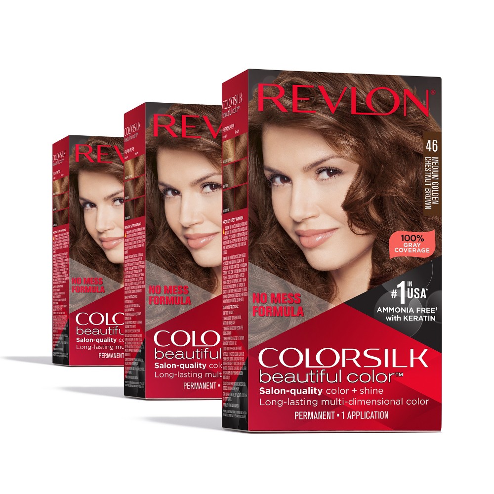 Photos - Hair Dye Revlon ColorSilk Beautiful Color 100 Gray Coverage Ammonia-Free Permanent Hair Color - 046 Med Golden Chestnut Brown - 13.2 