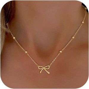 Dainty Bow Necklace for Women, 14K Gold Plated Choker Christmas Stocking Stuffer Gift - 1 of 4