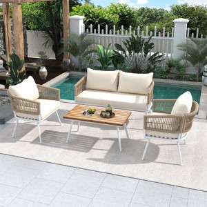 ELJGET 4 Piece Boho Patio Furniture Set, Modern Rope Patio Loveseat Couch & Arm Chairs with Coffee Table for Apartment, Balcony Deck Porch, Beige - 1 of 4
