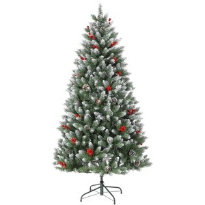6 Ft Christmas Tree with Lights, Artificial Xmas Tree with Berries and Cones, 876 Branch Tips, 350 LED Lights, Holiday Decoration for Indoor Outdoor - 1 of 4