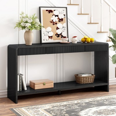 Modern 3-Drawer Console Table with Open Shelf,59" Entryway Storage Table with Rounded Edges for Hallway or Behind Sofa-Baofuwish