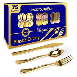 75-Pieces Heavy Duty Plastic Silverware Set Including 25 Forks, 25 Spoons, 25 Knives (Gold) - 1 of 4