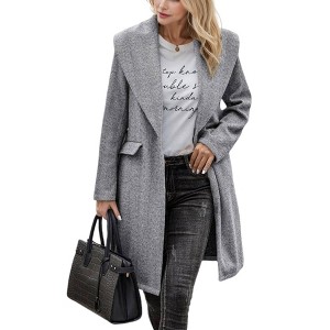 Amaryllis Women's Longline Overcoat Soft Herringbone Texture Wide Lapel Belted Design Full-Length Sleeves - 1 of 4