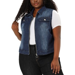 Agnes Orinda Women's Plus Size Trucker Zipper Front Sleeveless Sport Crop Denim Vests - 1 of 4
