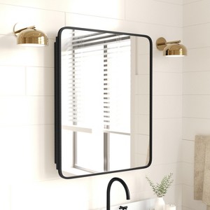 Merrick Lane Reversible Bathroom Wall Medicine Cabinet with Rounded Rectangular Beveled Mirror and Metal Frame and Shelves - 1 of 4