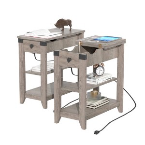 Set of 2 Narrow End Tables, Flip Top Side Tables with Charging Station, Nightstands - 1 of 4