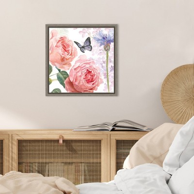 Butterfly and Floral Watercolor Canvas Wall Art in Wooden Frame