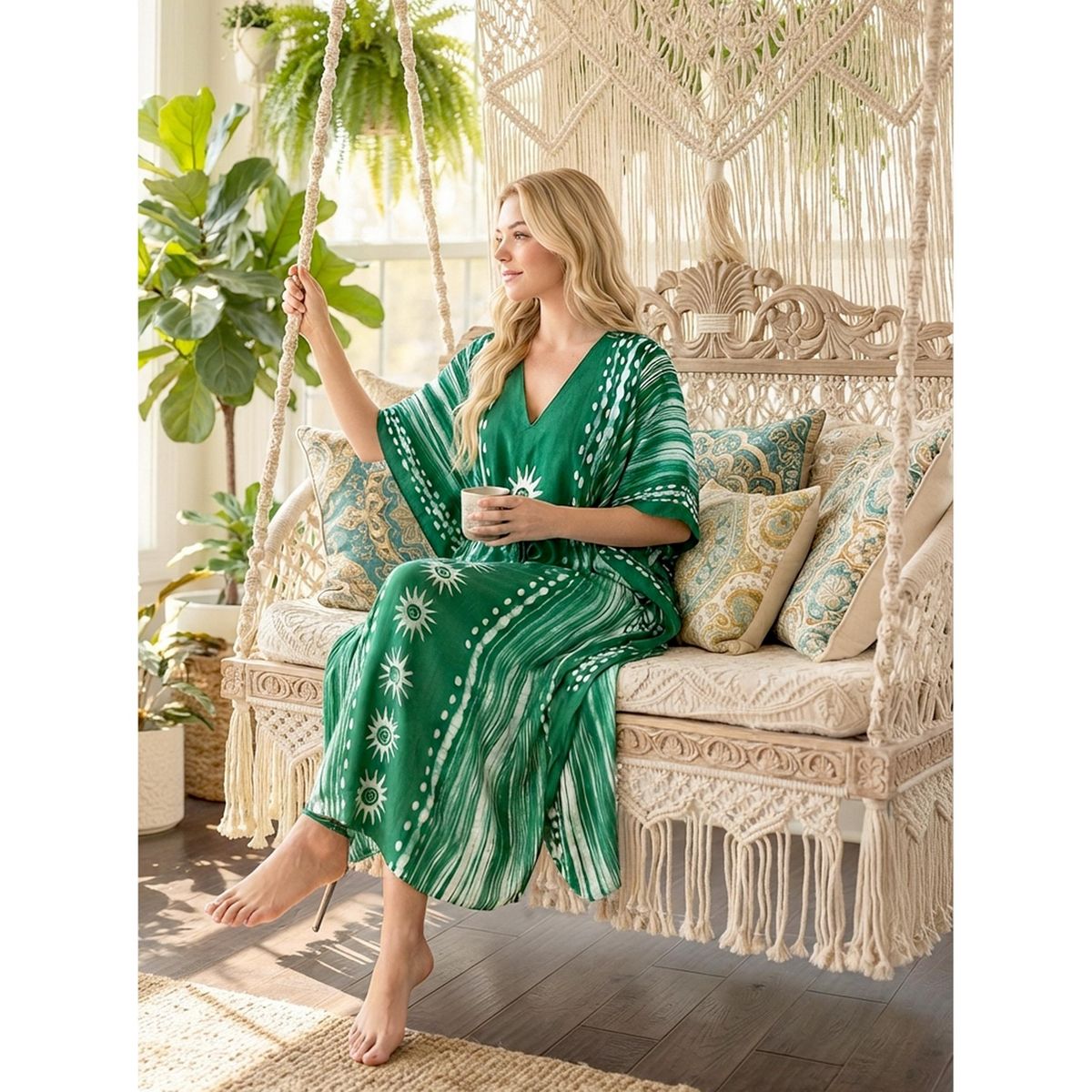 LA LEELA Summer Cotton Resortwear Caftan for Women Vacation Holiday Cruise Lounge Dress Flowy Relaxed Beach Travel Outfit 2X-3X Green Sun - thumbnail 3