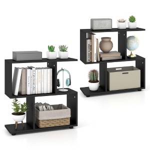 Costway 2 PCS 2-Tier Bookshelf Free Standing Wooden Display S-Shaped Shelf Storage Rack Black/Brown - 1 of 4