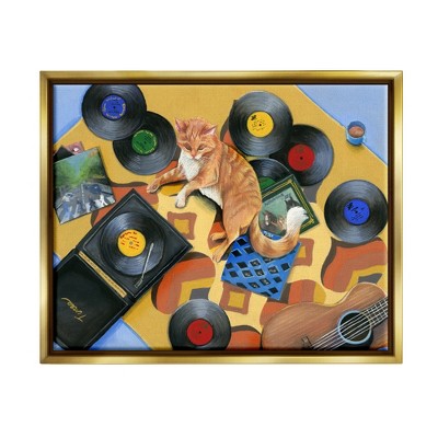 Stupell Industries Cat & Vintage Record Player Framed Floater Canvas Wall Art