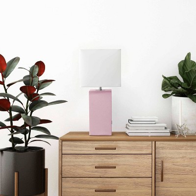 Blush Pink Leather Table Lamp with USB Port and Fabric Shade