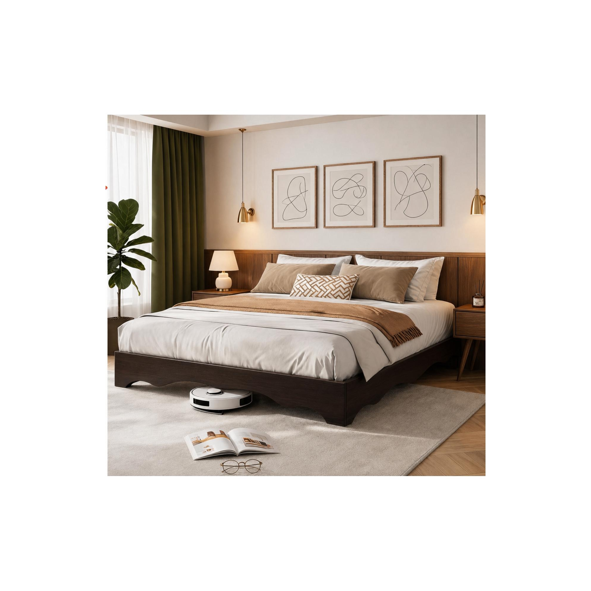 California King Wood Platform Bed Frame, Wave Edge Bed with Sturdy Slat Support, Wooden Bedframe Without Headboard, Walnut