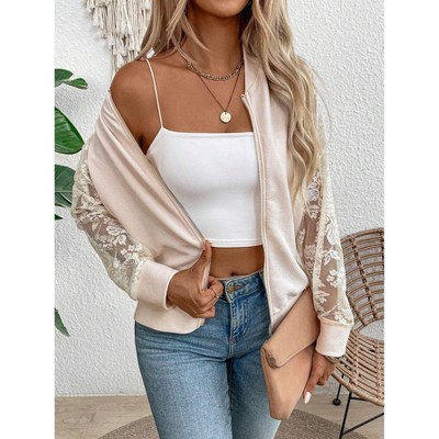Женские куртки YesFashion Women's Lightweight Jacket Contrast Lace Zip Up Bomber Tops Raglan Long Sleeve Fall Outerwear beige 2XL — фото 2