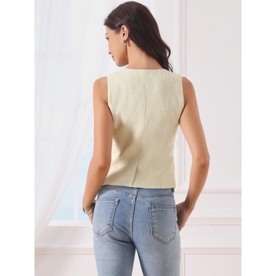 INSPIRE CHIC Women's Tweed Work V Neck Sleeveless Button Down Office Cropped Waistcoat Small Beige — фото 3