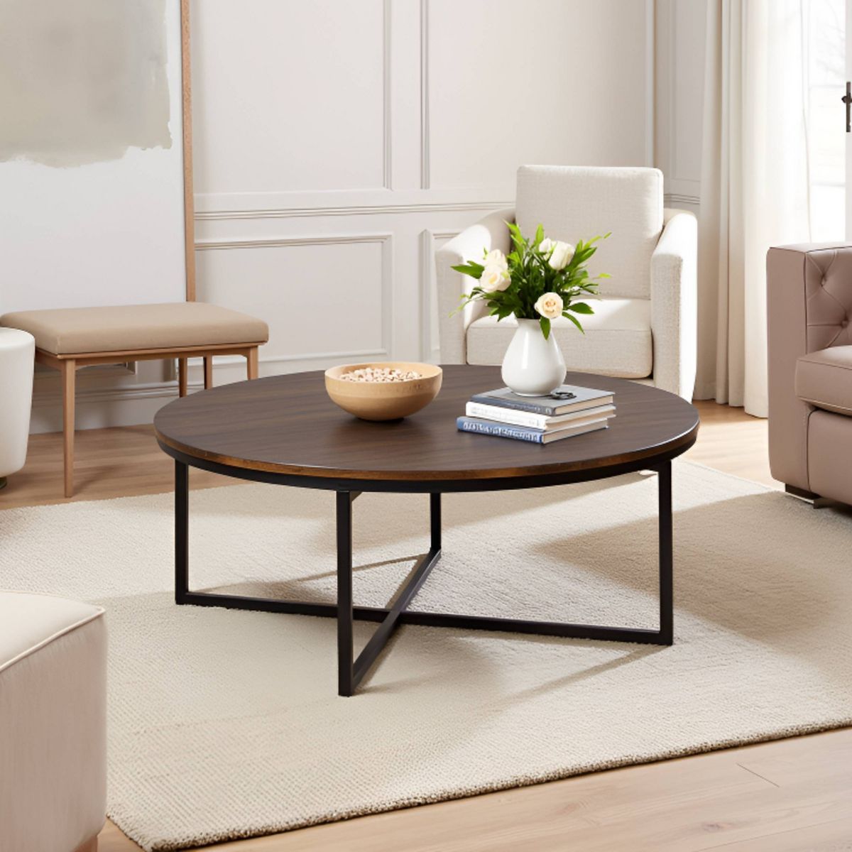 42" Arcadia Acacia Wood Round Coffee Table Dark Brown - Alaterre Furniture - thumbnail 8
