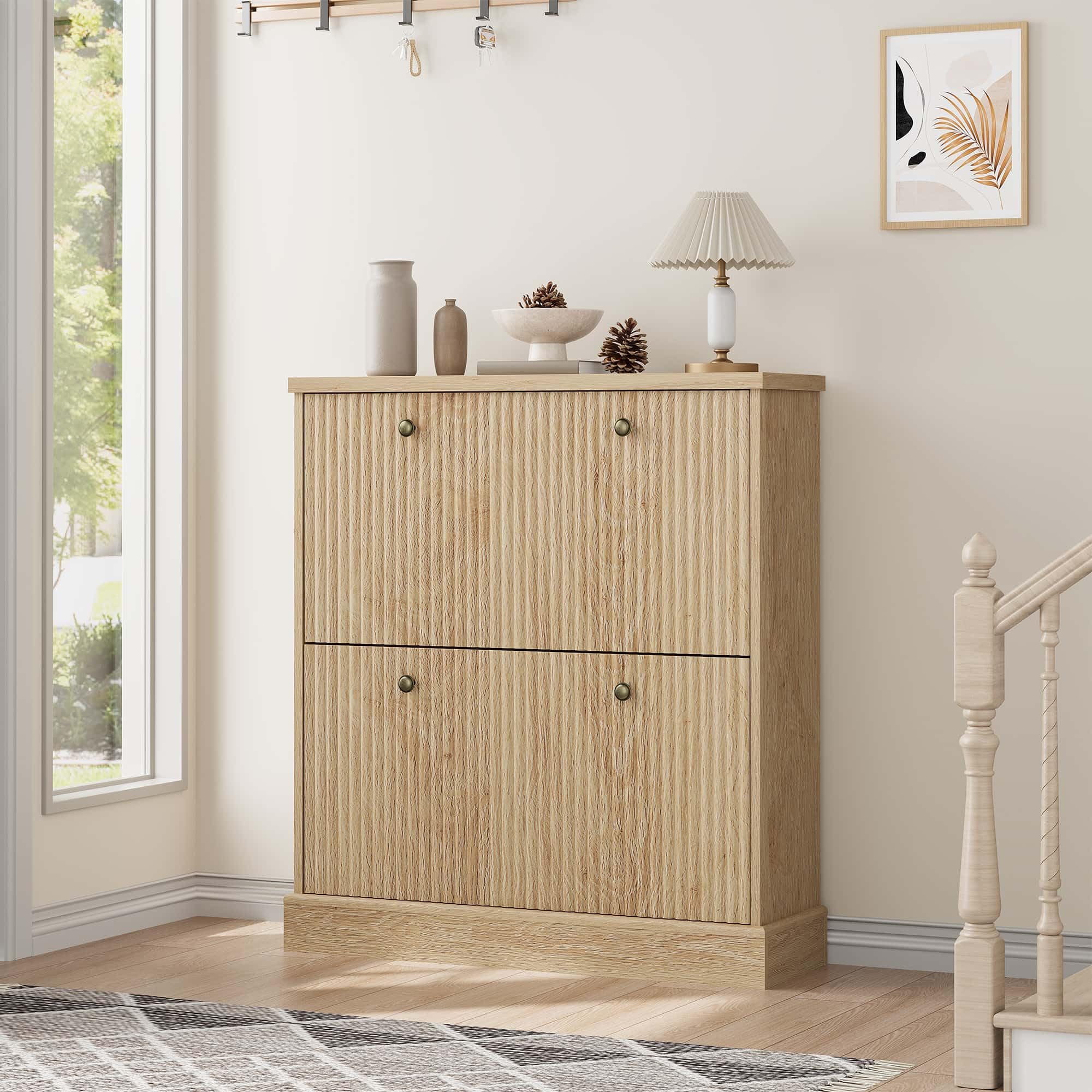 Shoe Cabinet with 2 Flip Drawers, Hidden Wooden Fluted Shoe Cabinet with Adjustable Shelf, Freestanding Shoe Storage Cabinet for Entryway Hallway