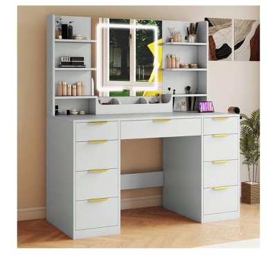 Vanity Makeup Dressing Table Set with LED Mirror and Lights And 9 Drawers 5 Open Shelves Bedroom Makeup Table