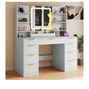 Vanity Makeup Dressing Table Set with LED Mirror and Lights And 9 Drawers 5 Open Shelves Bedroom Makeup Table - 1 of 4