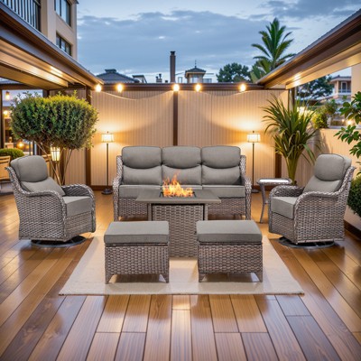 Buenhomino 7 Piece Wicker Outdoor Furniture Set with 6-inch Thick Cushion, High Back Patio Furniture Set with Swivel Rocking Chairs and Fire Pit Table