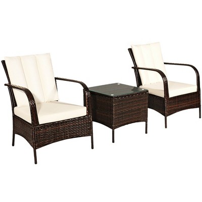 3-Piece Beige Rattan Patio Set with Cushions and Glass Table