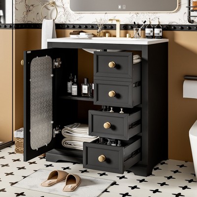 TIRAMISUBEST 30-inch bathroom vanity with a soft close glass door, adjustable shelves, and three drawers