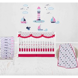 Bacati - Girls Nautical Muslin Whales Boat Pink Blue Navy 8 pc Crib Bedding Set with Long Rail Guard Cover - 1 of 4