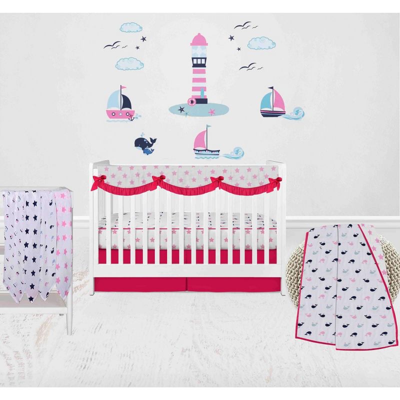 Bacati - Girls Nautical Muslin Whales Boat Pink Blue Navy 8 pc Crib Bedding Set with Long Rail Guard Cover, 1 of 8