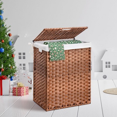 18.3"Laundry Hamper With Lid PE Rattan Powder Coating Frame Clothes Hampers with 02 Removable Bags,Brown