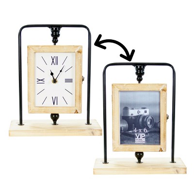 VIP Wood 12 in. Brown Reversible Clock 4x6 Photo Frame