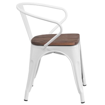Modern Rustic White Metal Bistro Chair with Wood Seat and Arms