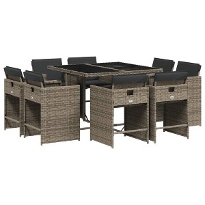 vidaXL Gray Poly Rattan 9-Piece Patio Dining Set with Cushions - Garden Furniture, Tempered Glass Tabletop, Space-Saving Design - 1 of 4