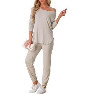 cheibear Women's Sweatshirt Jogger Lounge Set Long Sleeve Knit Round Neck Pajama Tracksuit - 1 of 4