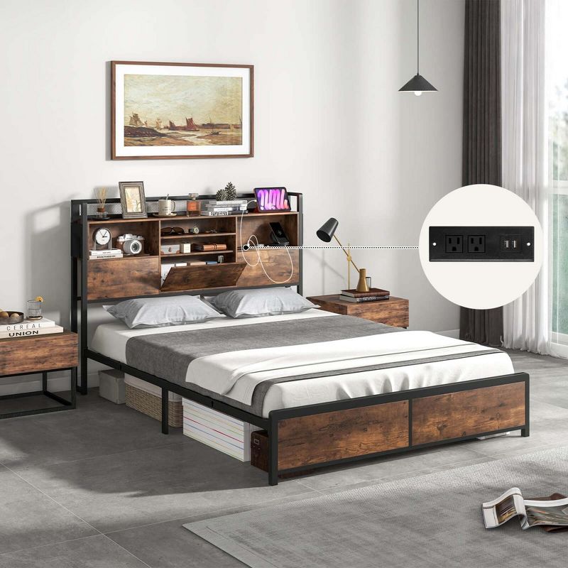 Costway Full/Queen Size Bed Frame with Storage Headboard and Charging Station Vintage Brown, 1 of 11