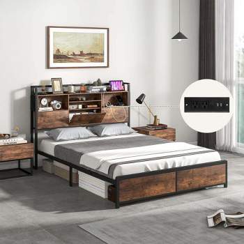 Costway Full/Queen Size Bed Frame with Storage Headboard and Charging Station Vintage Brown